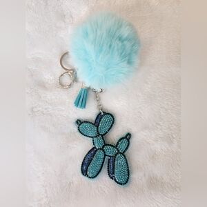 Blue Rhinestone Balloon Dog Keychain with Pom Pom